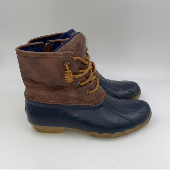Sperry brown leather and navy blue waterproof rubber lace-up duck boots - Picture 1 of 6